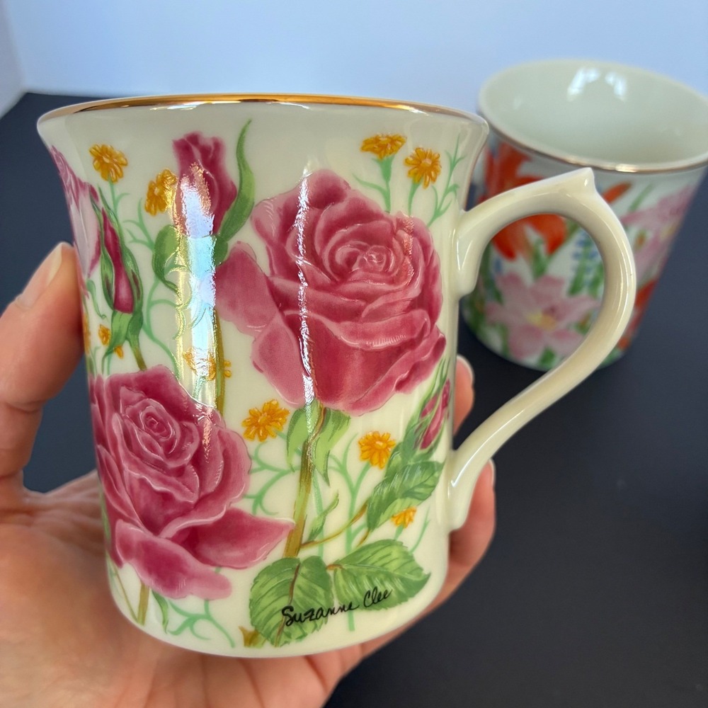 Lenox Mug Set 3pc Flower Blossom Fine Porcelain Gold Trim 1995 Cottage Tea Party - Picture 2 of 11